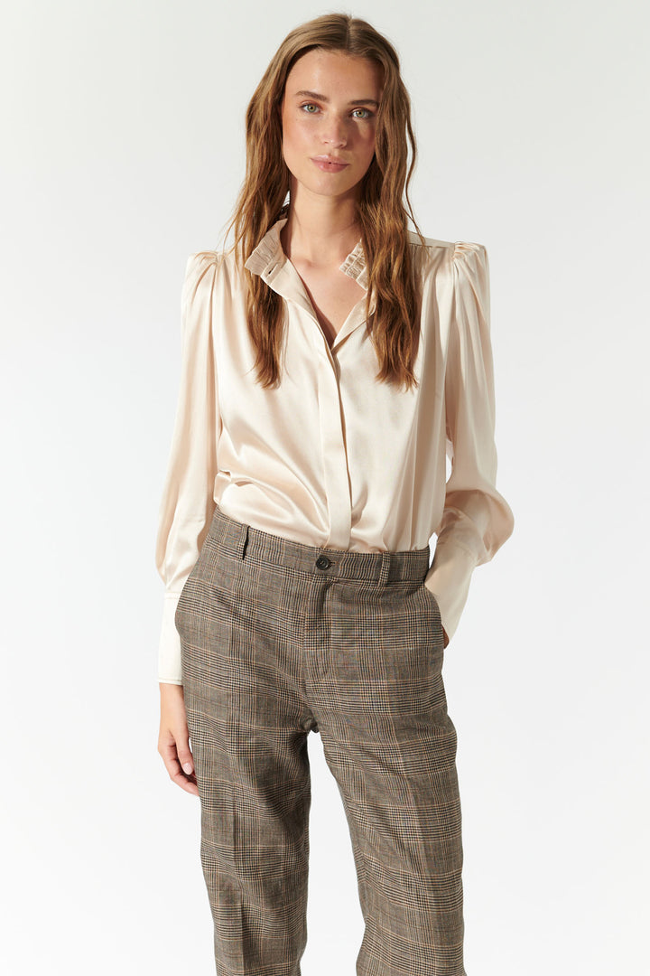 Dea Kudibal Stretch Silk Blouse Robertadea Ruffle Neck Champagne 1921024 - Lonah Boutique