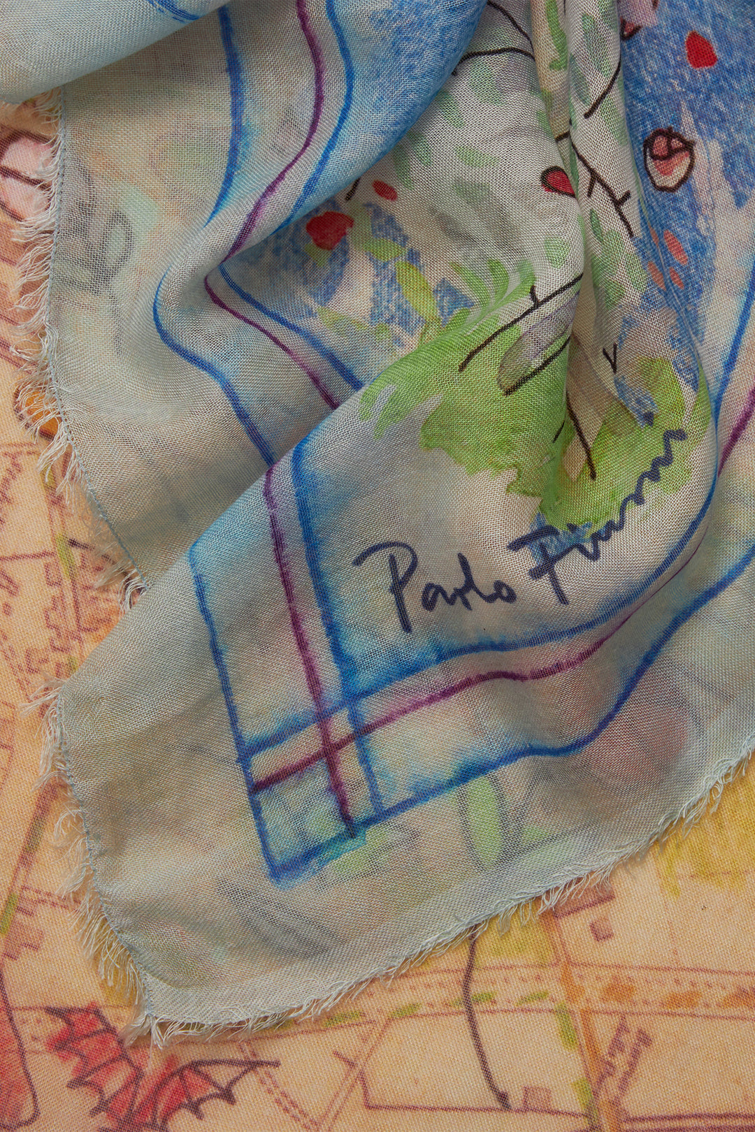 Faliero Sarti Florence Map E262015 Blue Print Silk Mix Stole 1230