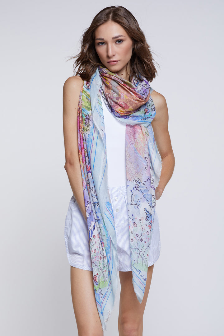 Faliero Sarti Florence Map E262015 Blue Print Silk Mix Stole 1230