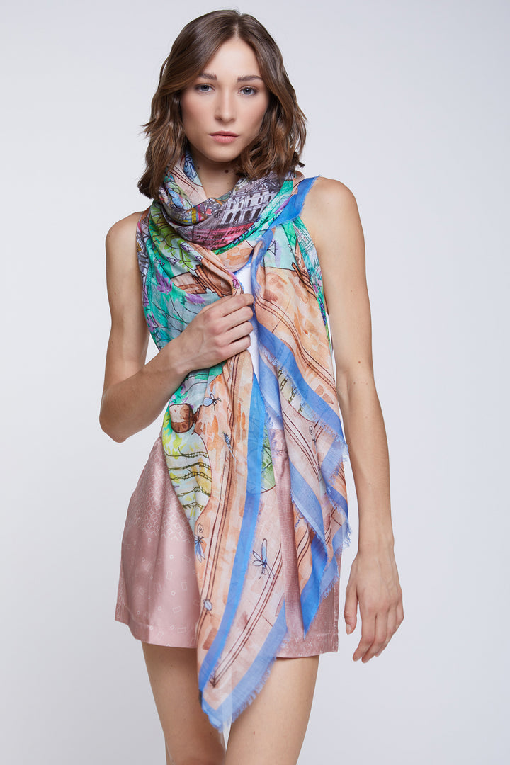 Faliero Sarti Milano E262068 Blue Print Rectangle Silk Mix Stole 1300