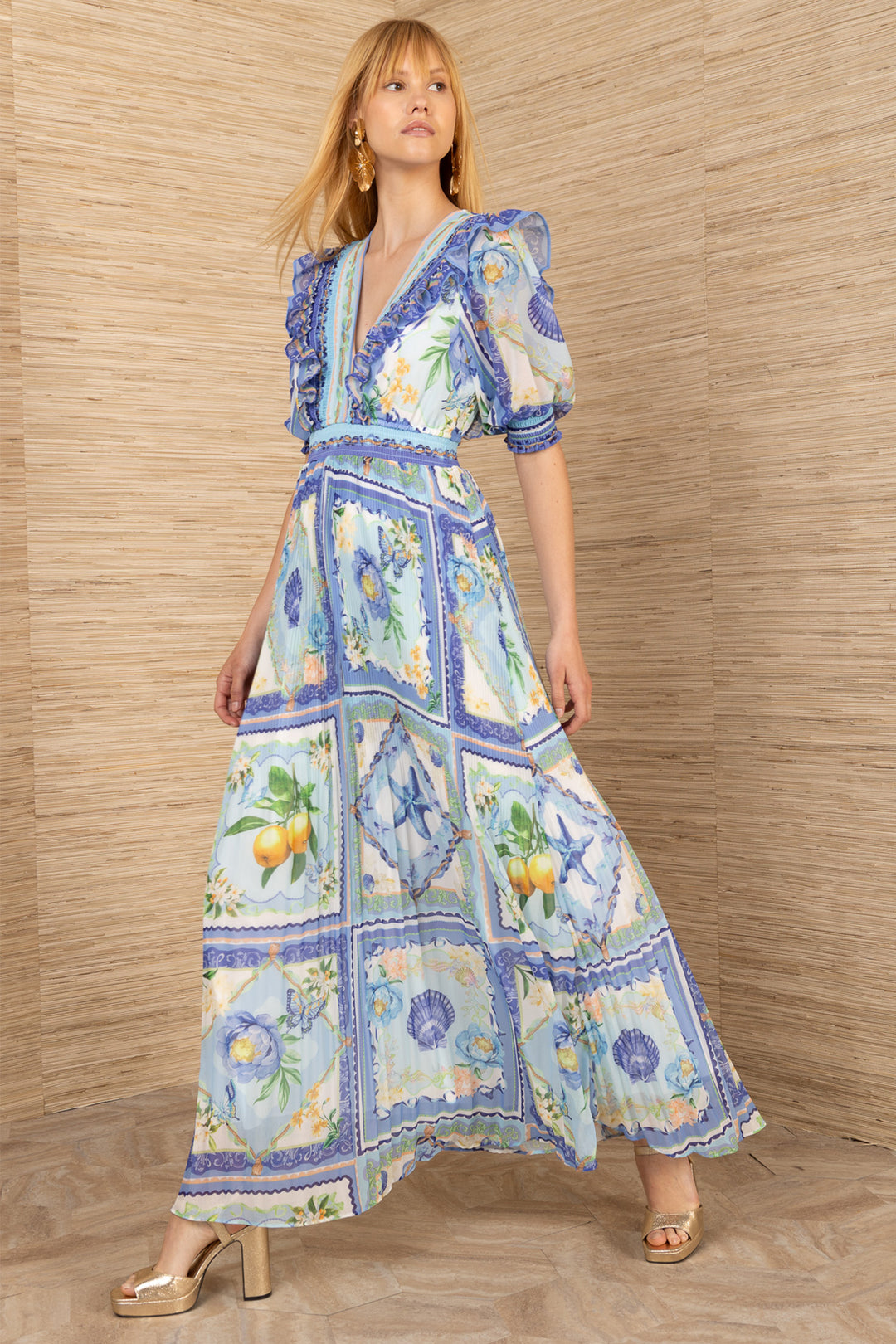 Hale Bob 5YXP670A Lovisa Blue Print Chiffon Maxi Dress