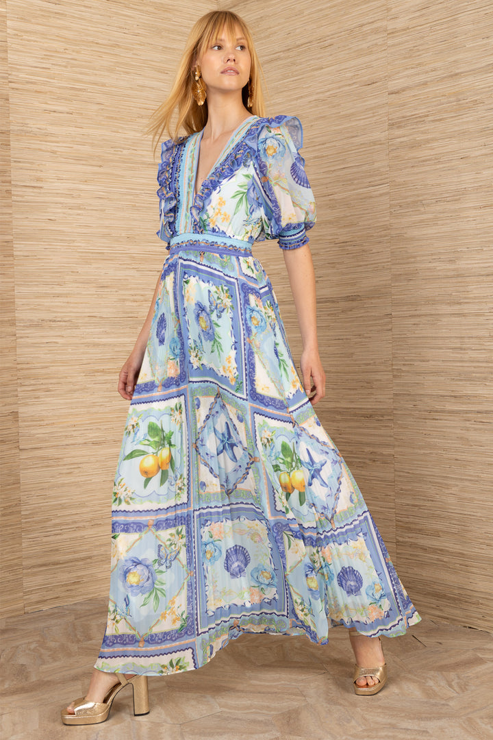 Hale Bob 5YXP670A Lovisa Blue Print Chiffon Maxi Dress