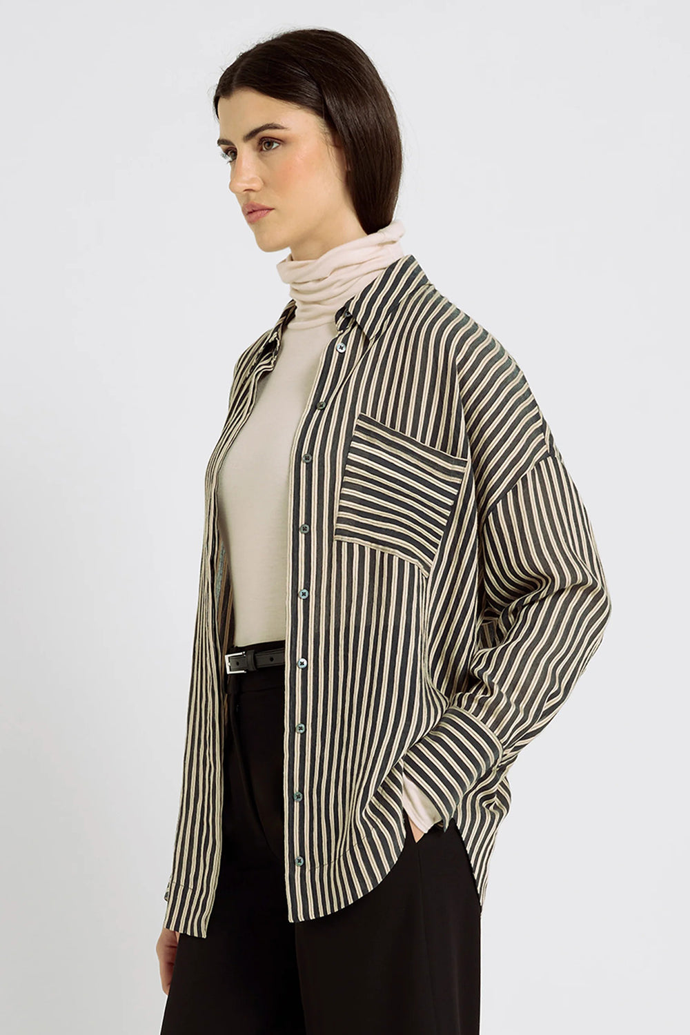 Hana San Frances Black Striped Shirt 11, model three-quarter view
