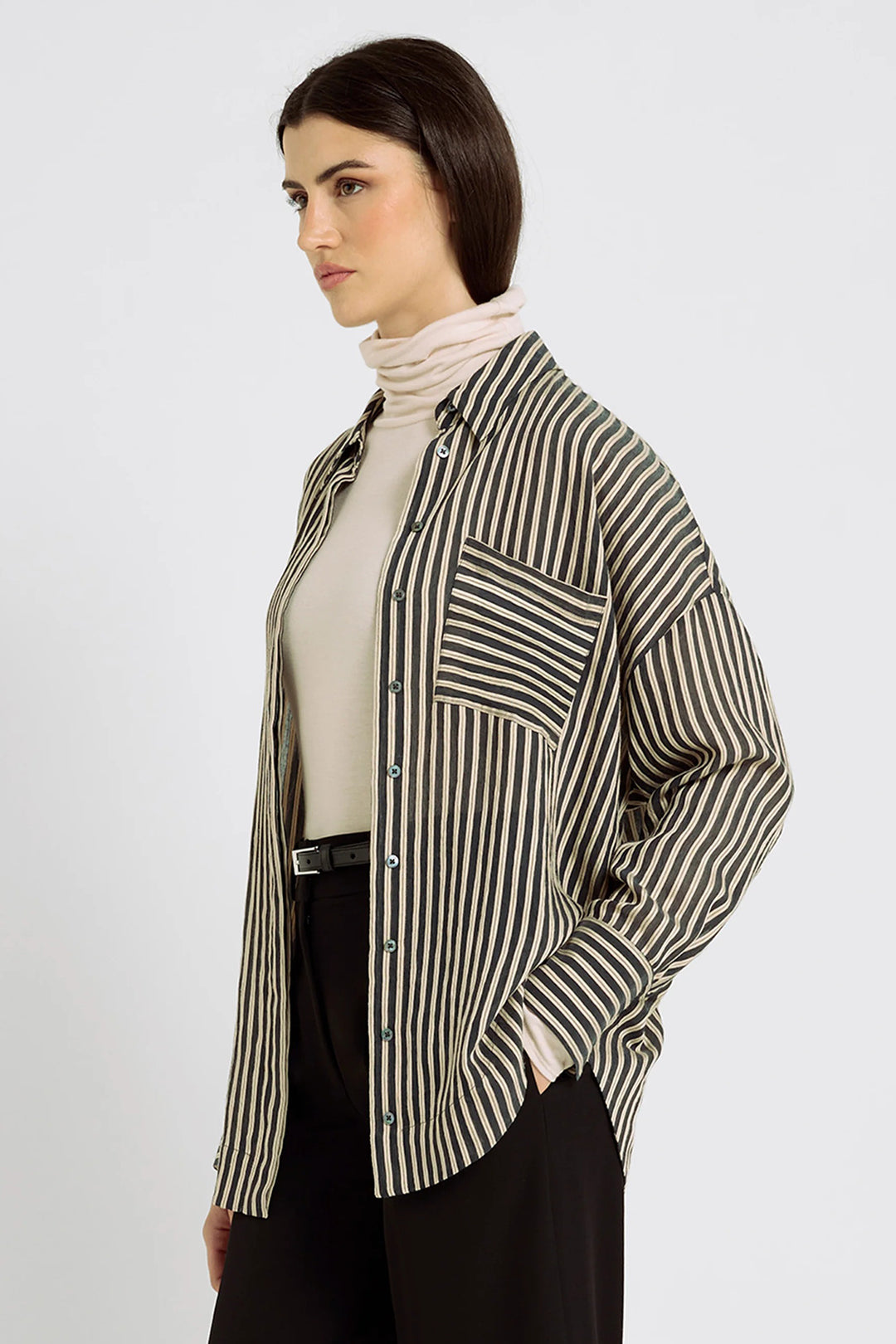 Hana San Frances Black Striped Shirt 11, model three-quarter view