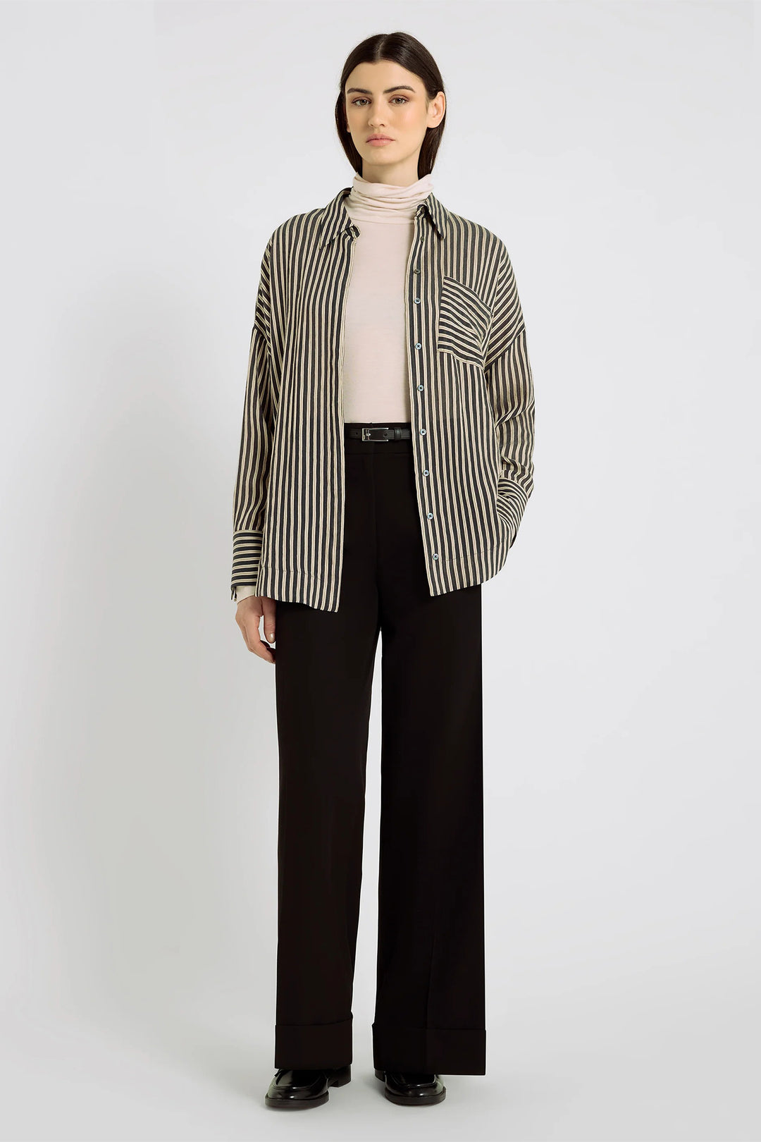 Hana San Frances Black Striped Shirt 11, full length front view