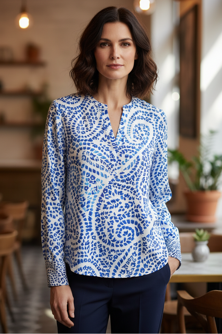 Herzens 25261 6056 Azure Superwhite Print Silk Stretch Blouse 261006