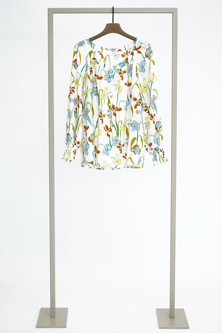 Herzens 25261 6075 Aqua Marine Floral Print Silk Blouse