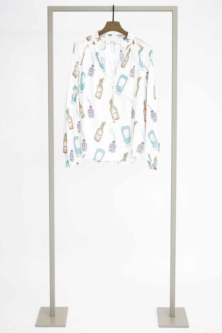 Herzens 25261 6092 Aqua Multicolour Bottle Print Silk Blouse