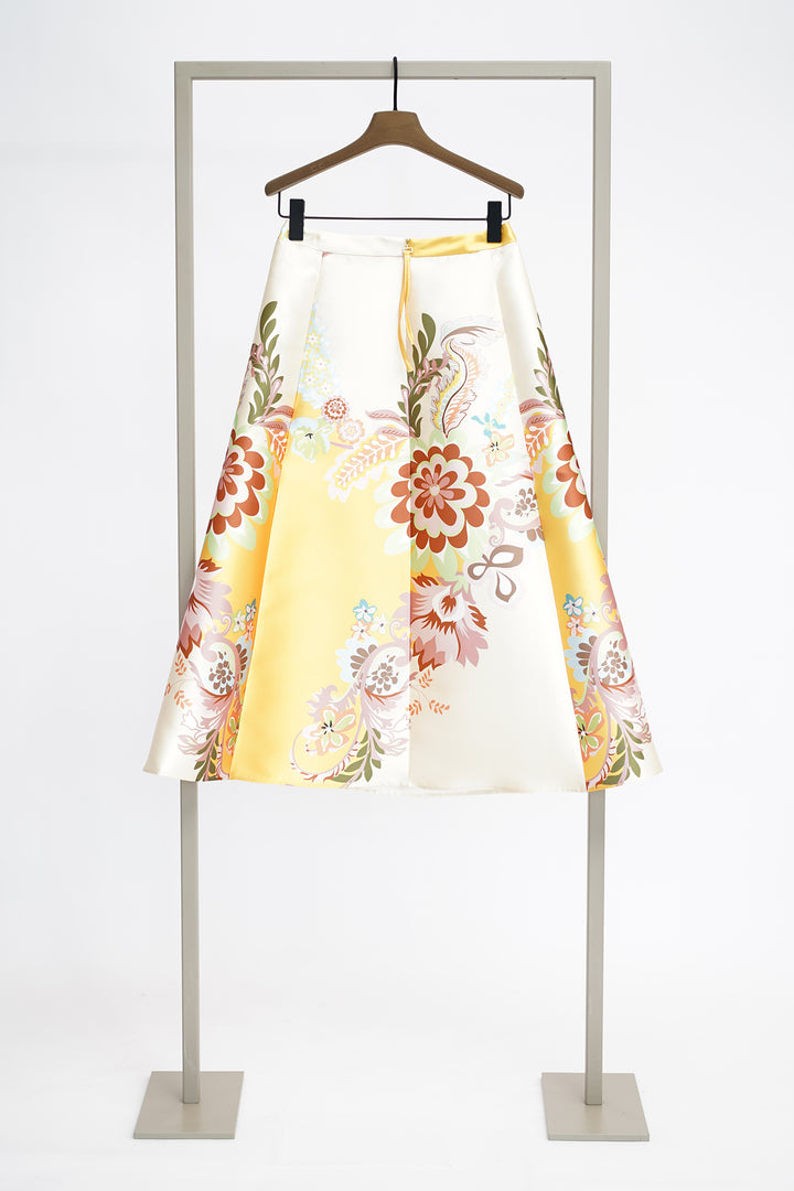 Floral A-line skirt from rear on hanger with a white background