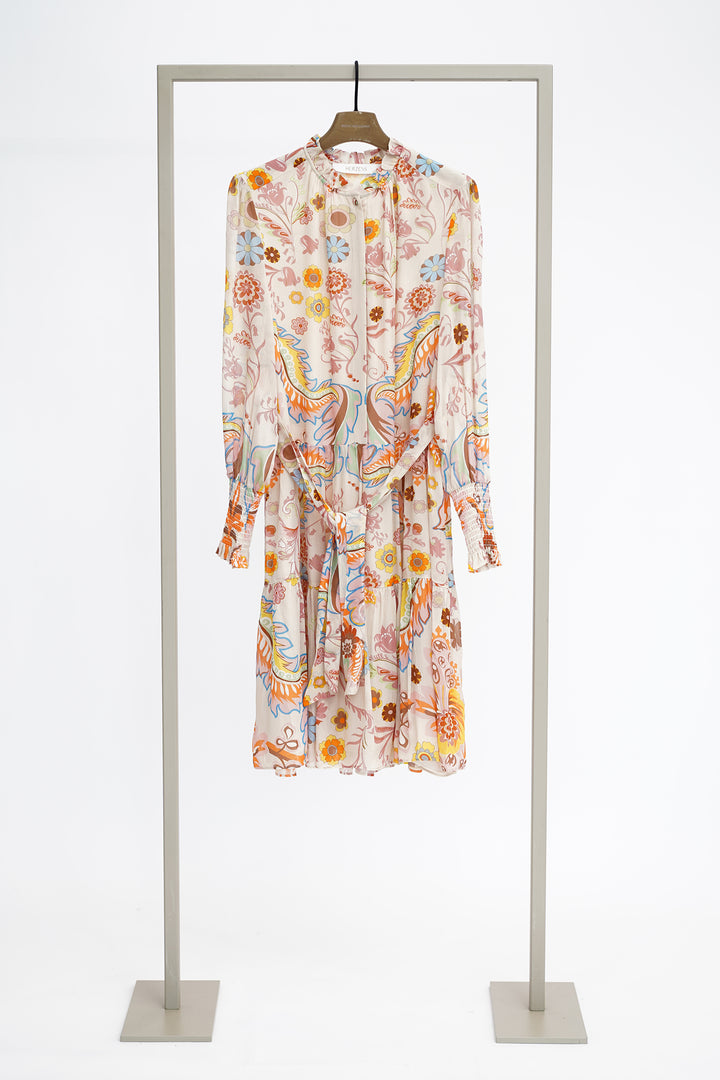 Colorful floral dress on a hanger against a white background to show front of dress