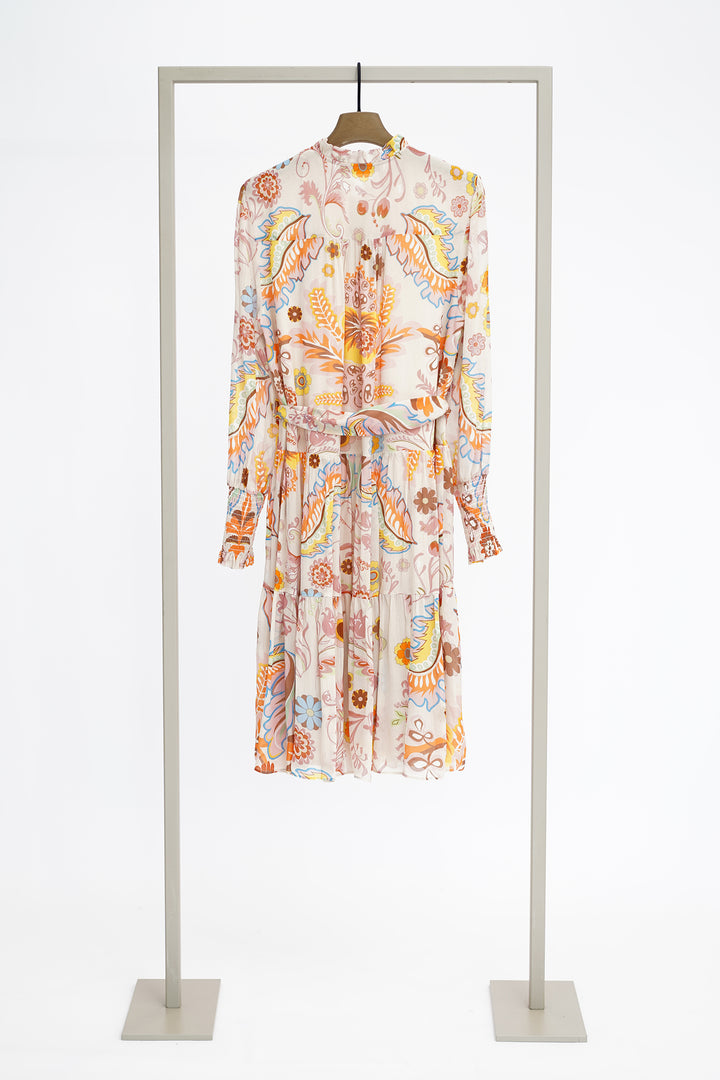 Floral dress on a hanger against a white background to show rear of dress