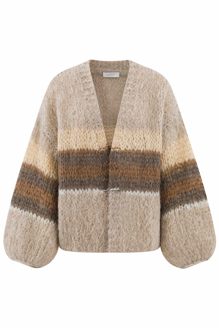 Herzens  25263-1309 Yara Flake Brown Stripe Loose Knit Cardigan 1309