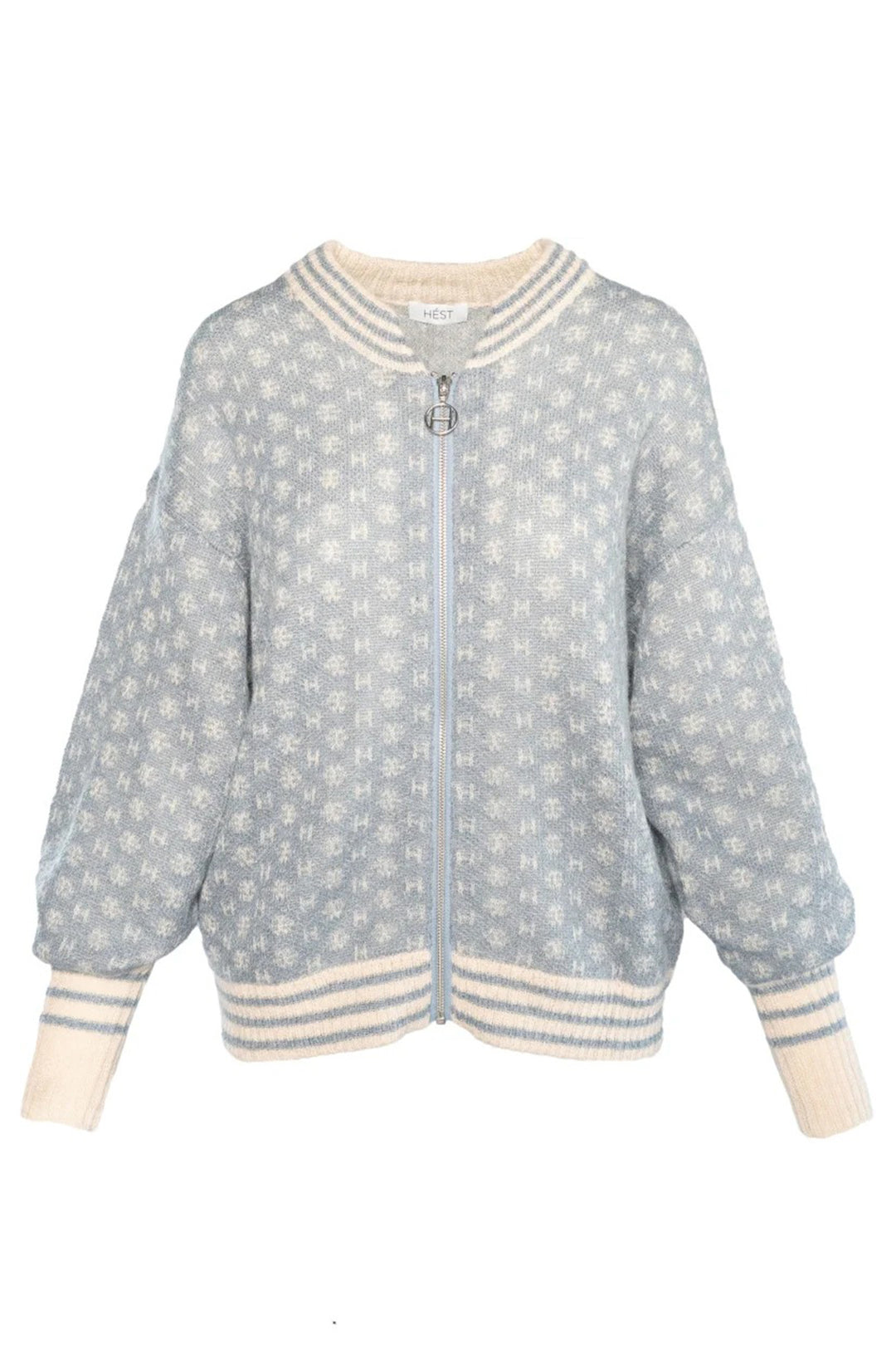 Light blue patterned jacket with cream trim on a white background