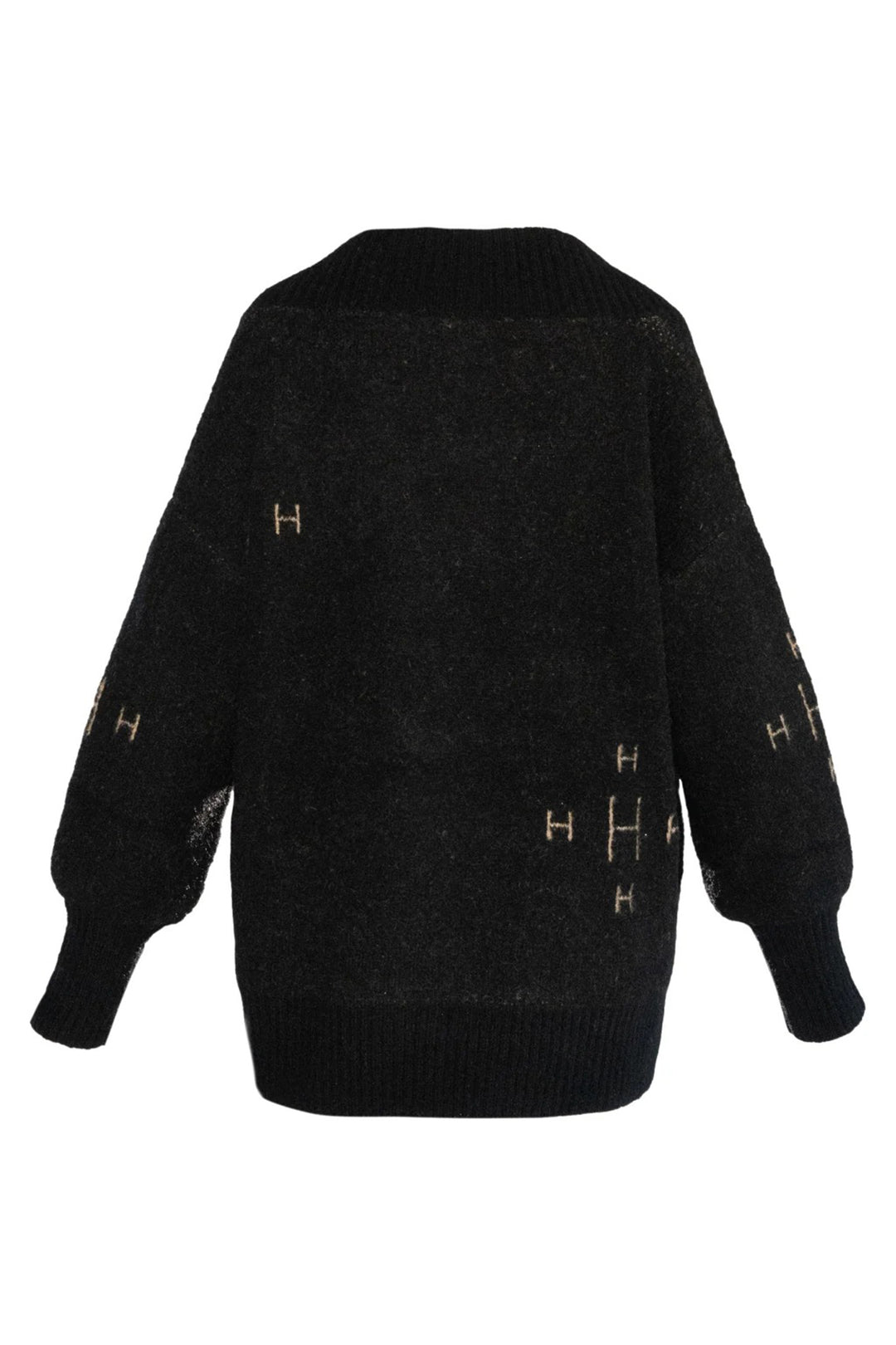 Black sweater with gold letter 'H' pattern on a white background