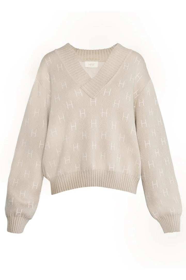 Hest 2510120221 Linda Beige V-Neck Cotton Mix Sweater