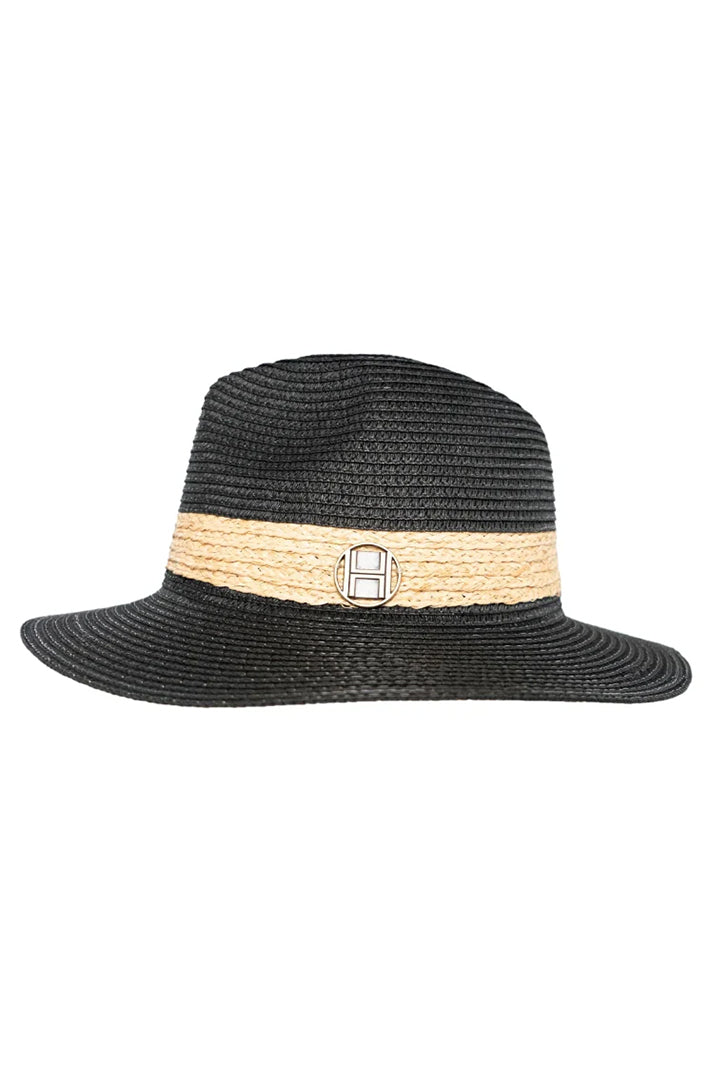 Black straw hat with a beige band and buckle on a white background