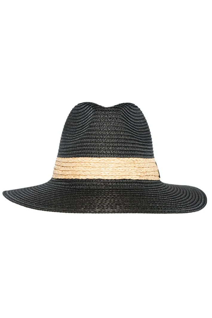 Black straw hat with a beige band on a white background