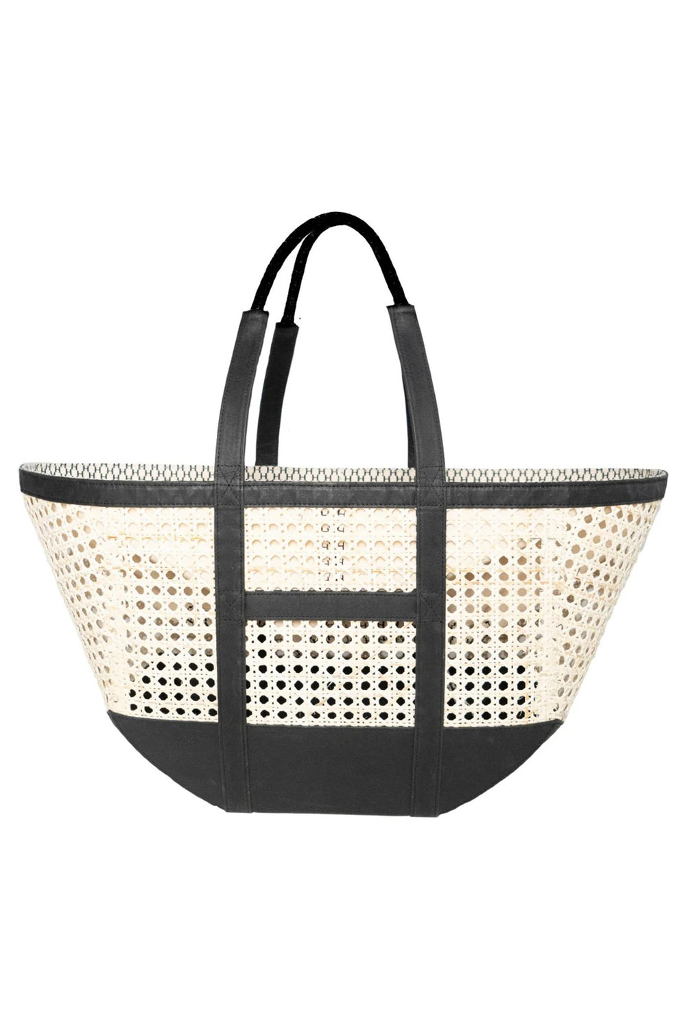 Black and white woven tote bag on a white background