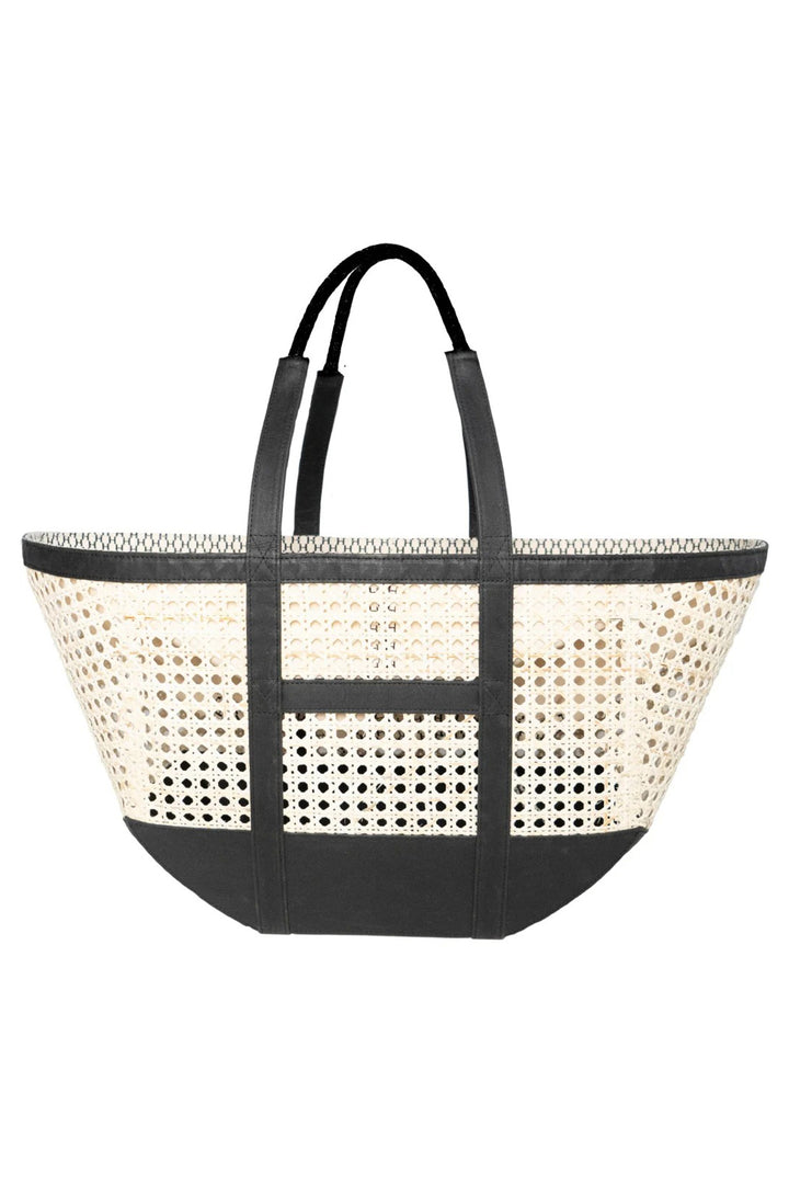 Black and white woven tote bag on a white background