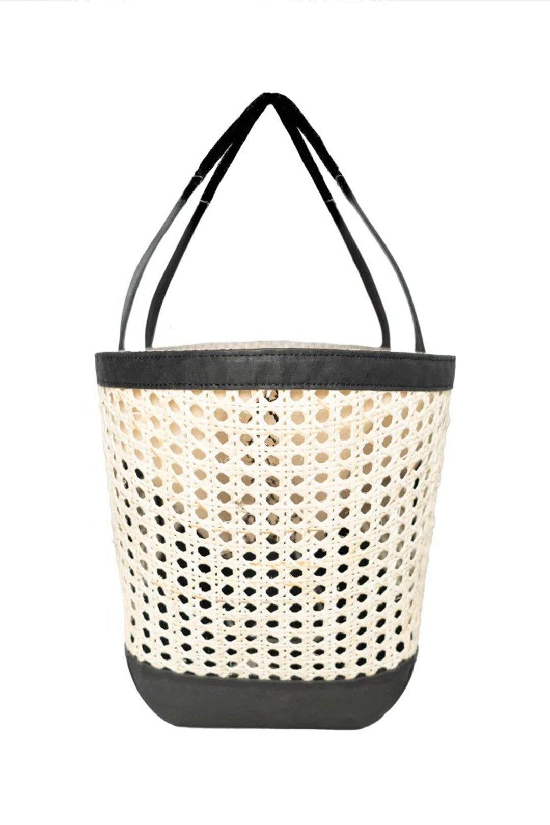 Woven tote bag with black accents on a white background