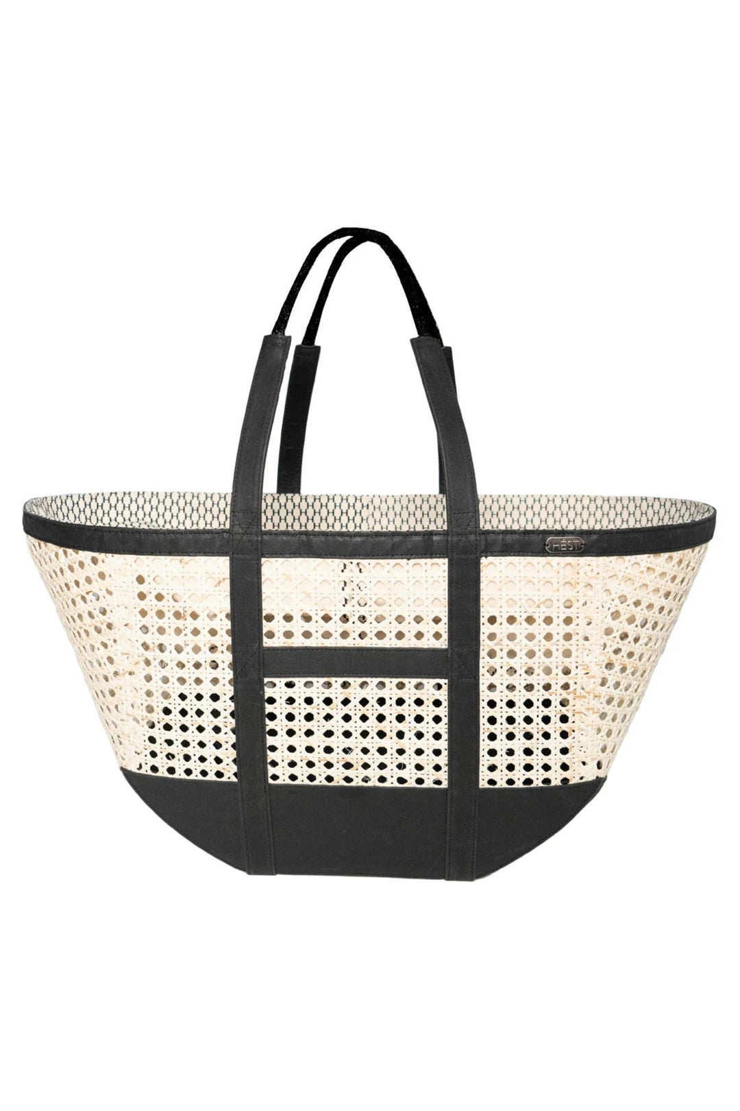 Black and white perforated tote bag on a white background