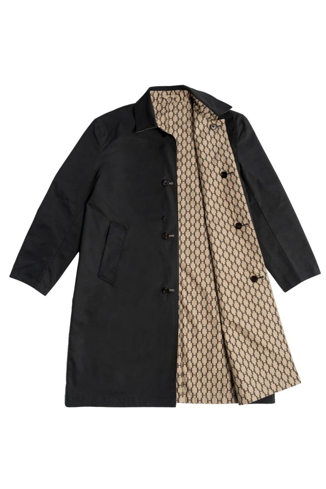 Black coat with a patterned lining on a white background