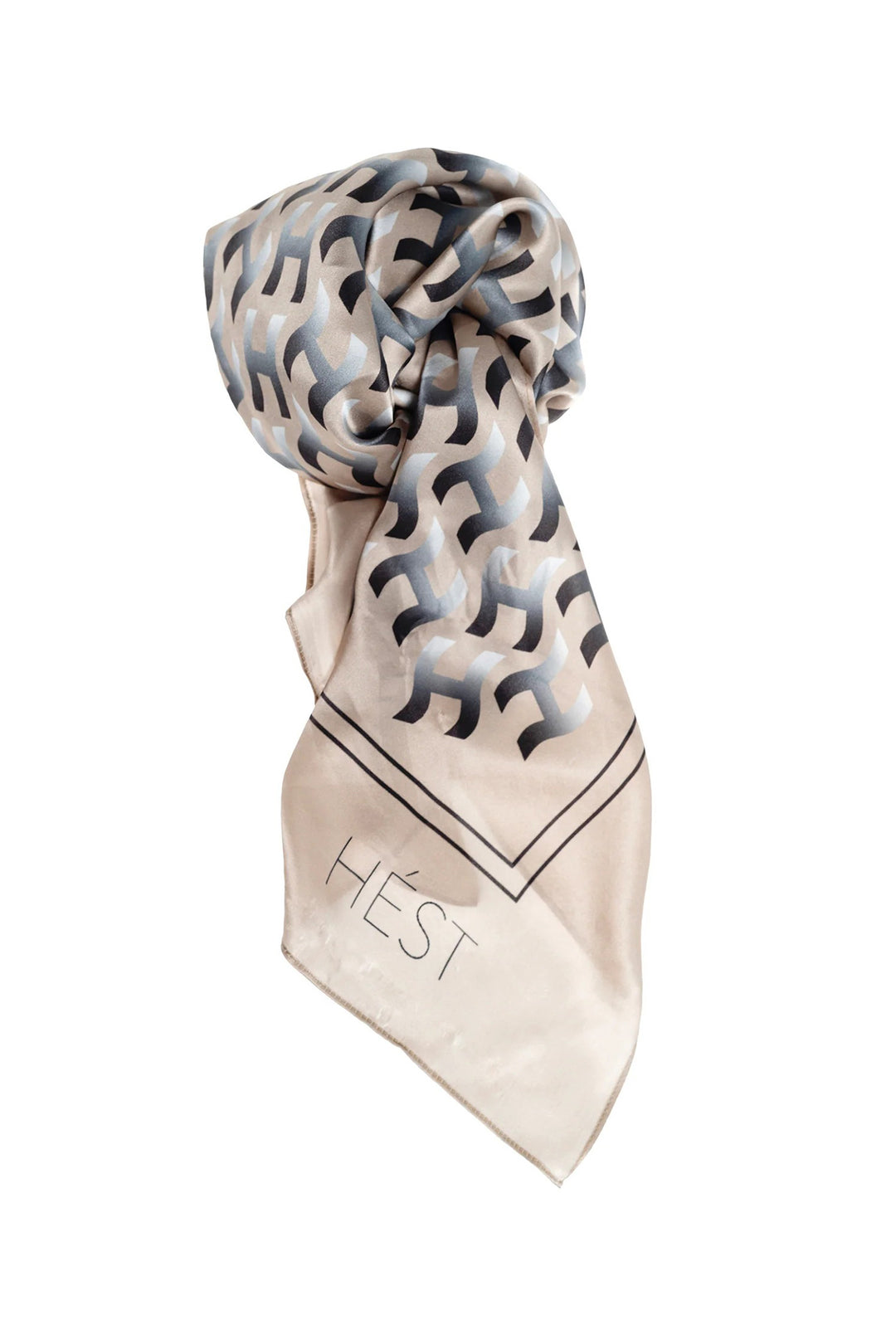 Beige scarf with geometric pattern and 'HEST' branding on a white background
