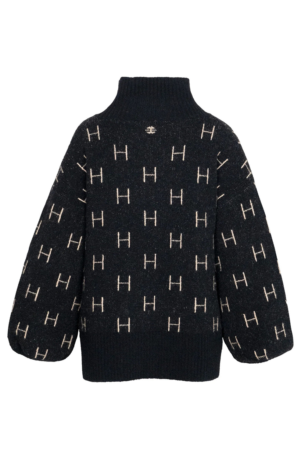 Black sweater with gold 'H' pattern on a white background