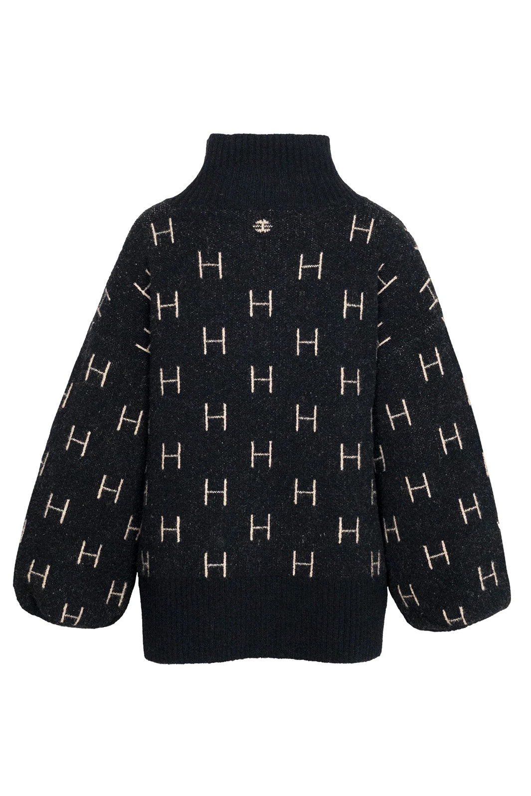 Black sweater with gold 'H' pattern on a white background