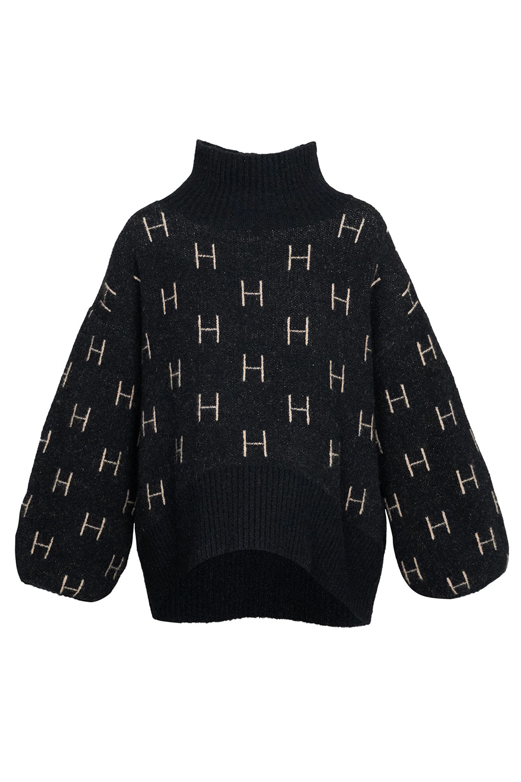Black sweater with 'H' pattern on a white background