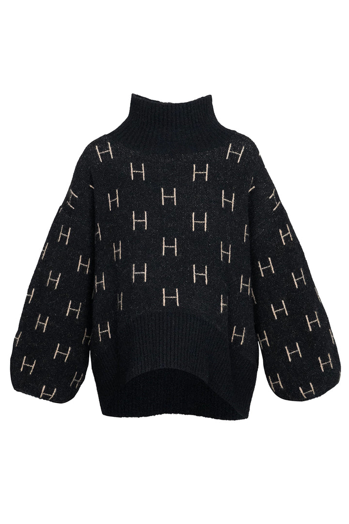Black sweater with 'H' pattern on a white background