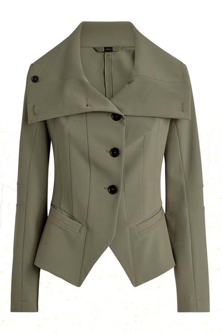 Green jacket with black buttons on a white background