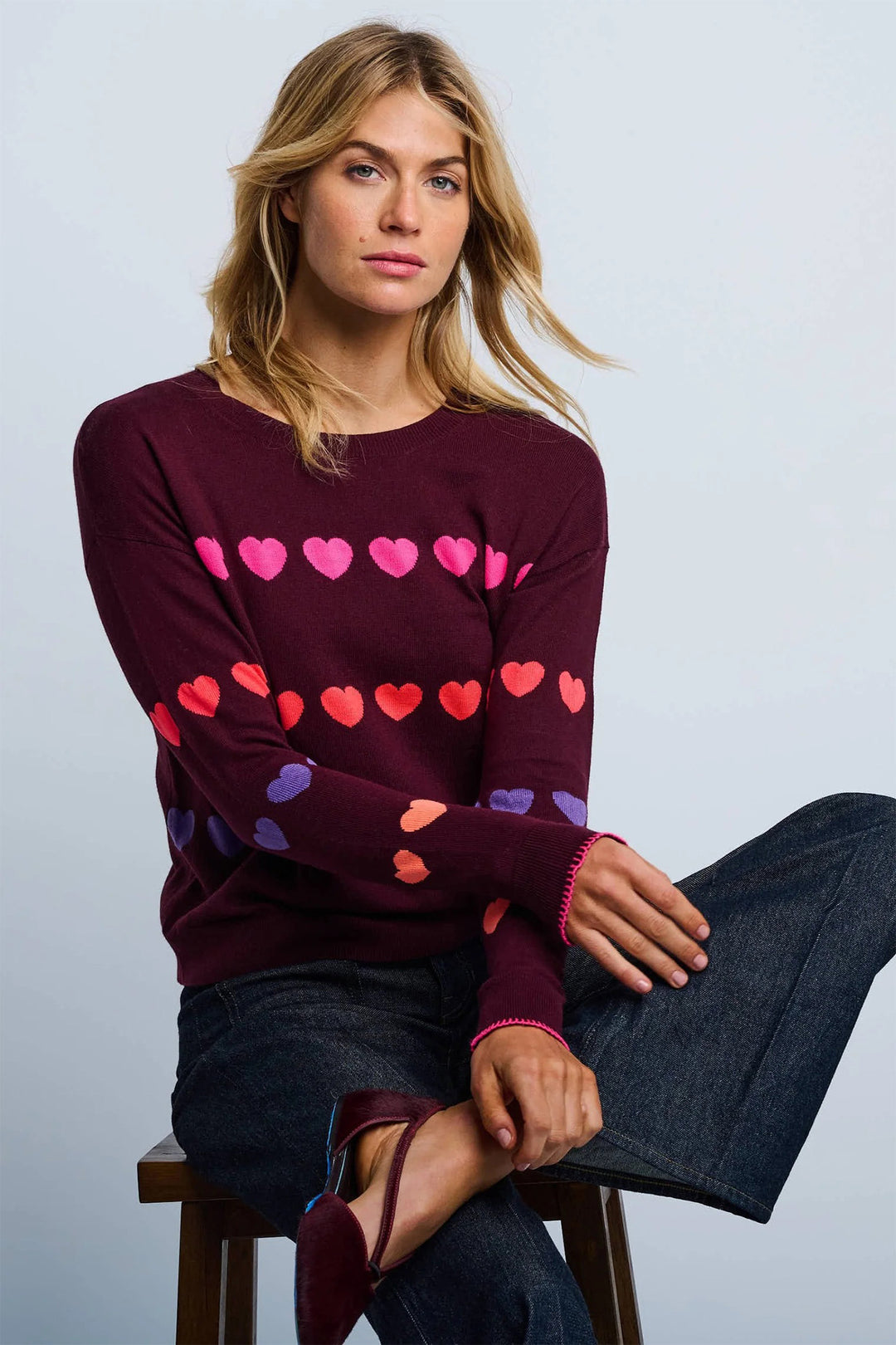 Lisa Todd F255-763 Love Track Wine Red Cotton-Cashmere Heart Jumper