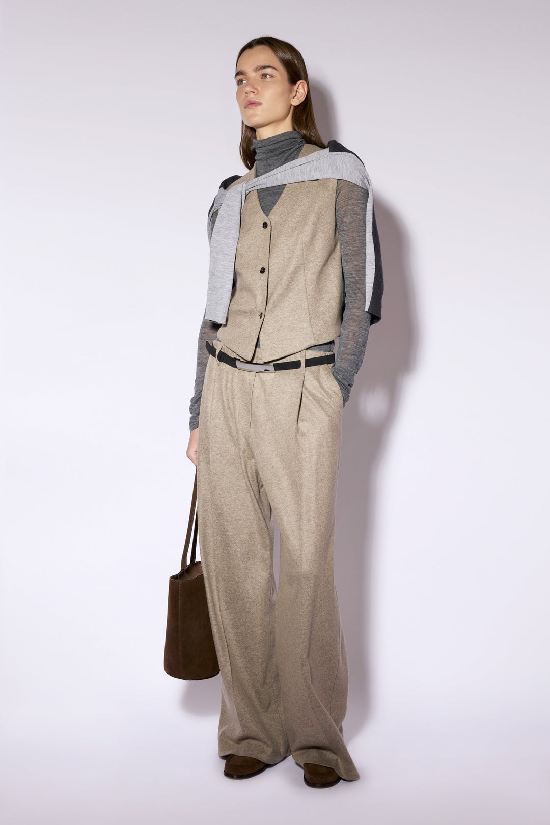 Liviana Conti Brown Kasha/Anthracite Cashmere Blend Waistcoat F6WN43, full length styled