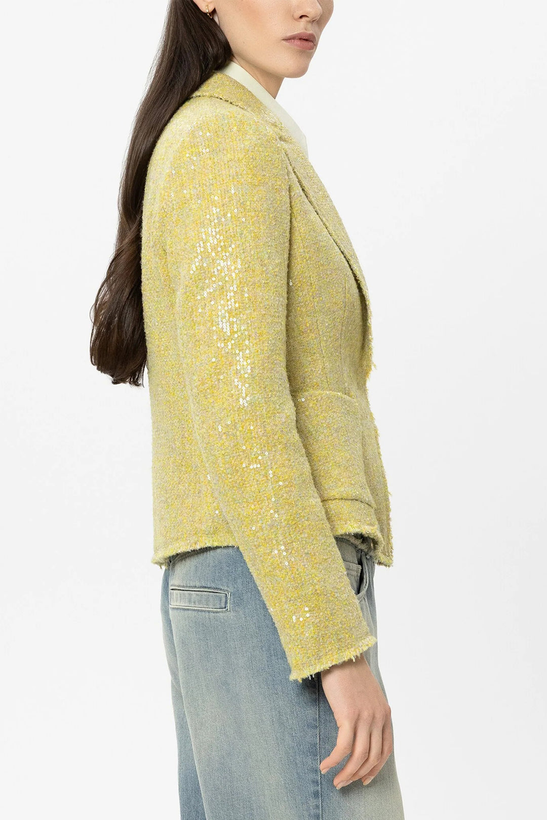 Luisa Cerano 438084 3842 Citron Yellow Sequin Tweed Blazer Jacket
