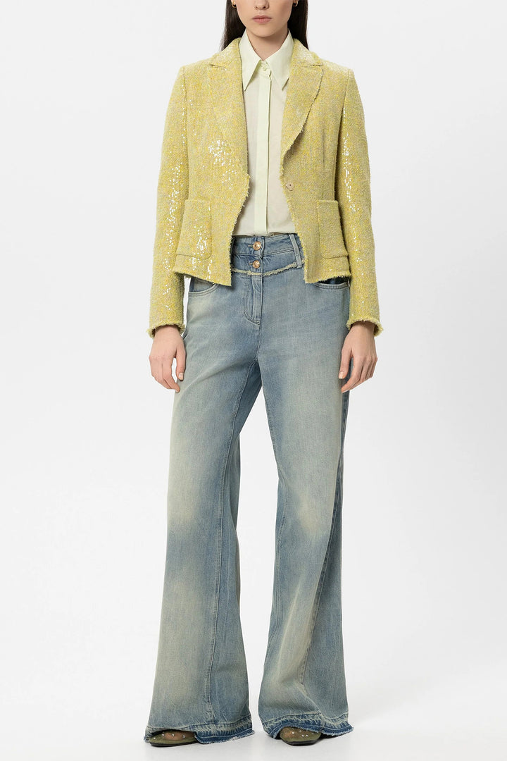 Luisa Cerano 438084 3842 Citron Yellow Sequin Tweed Blazer Jacket