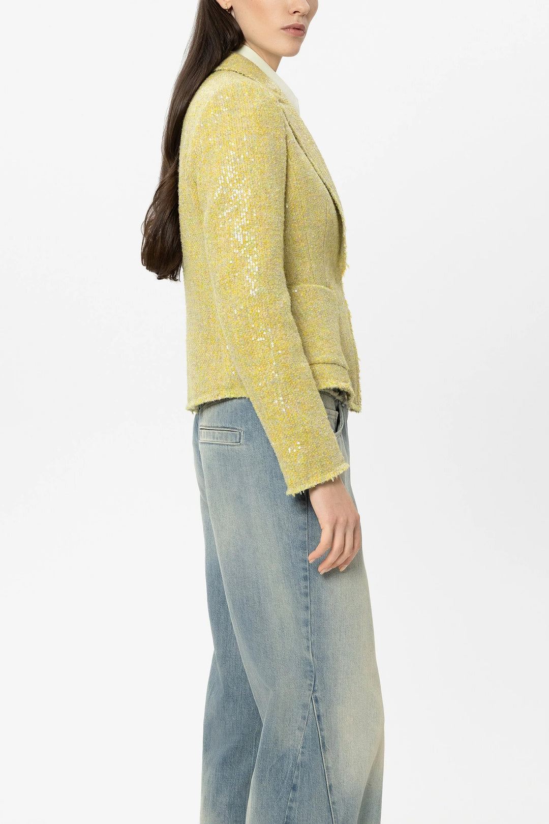Luisa Cerano 438084 3842 Citron Yellow Sequin Tweed Blazer Jacket