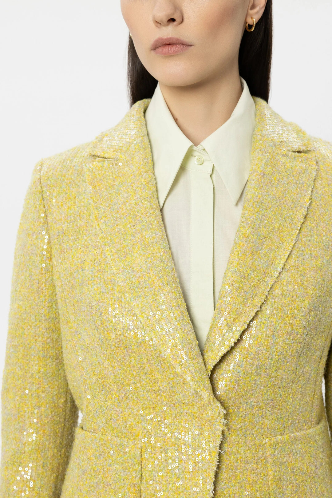 Luisa Cerano 438084 3842 Citron Yellow Sequin Tweed Blazer Jacket