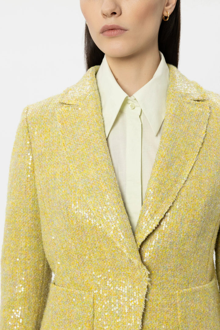 Luisa Cerano 438084 3842 Citron Yellow Sequin Tweed Blazer Jacket