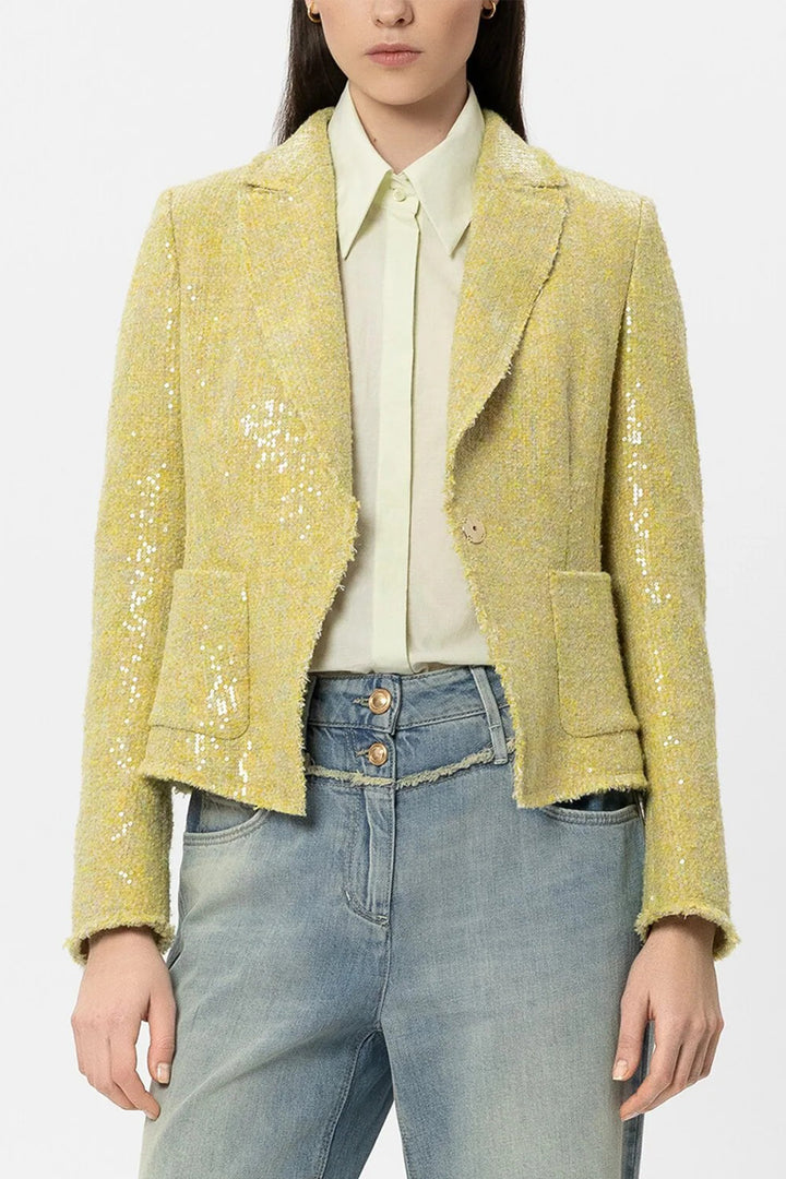Luisa Cerano 438084 3842 Citron Yellow Sequin Tweed Blazer Jacket