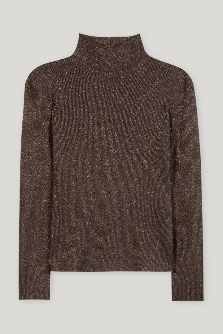 Brown turtleneck sweater on a light gray background