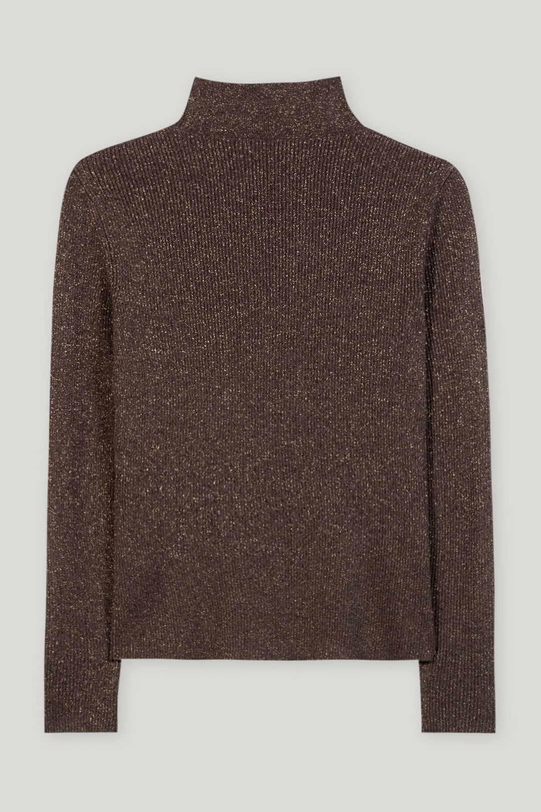 Brown ribbed knit sweater on a light gray background