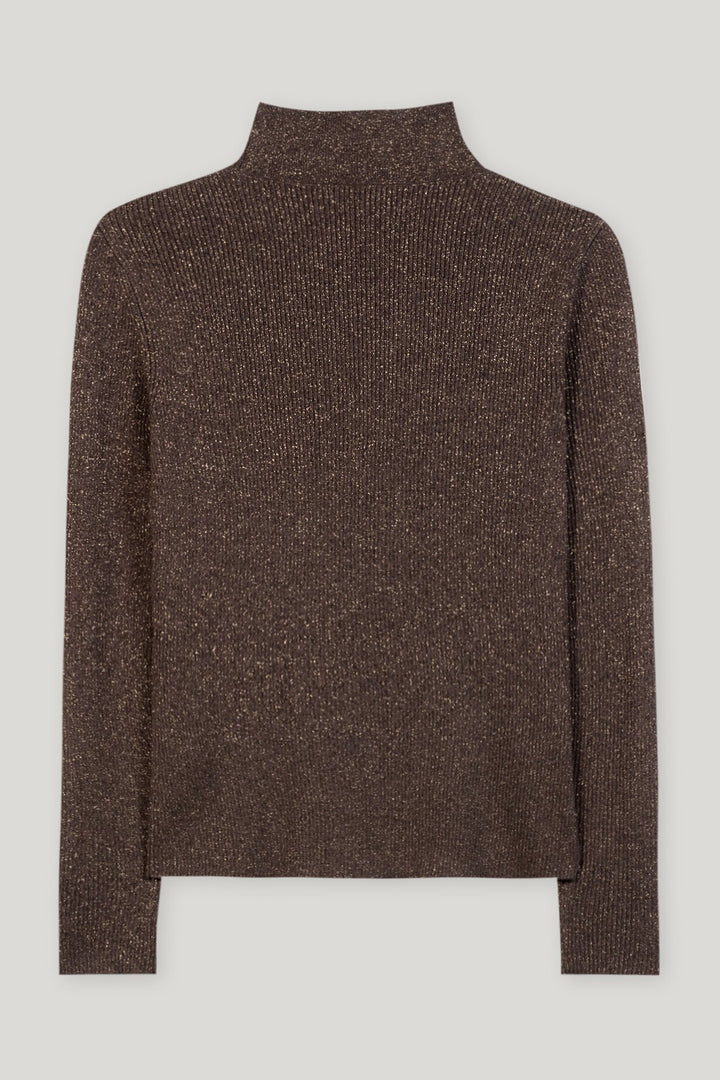 Brown ribbed knit sweater on a light gray background