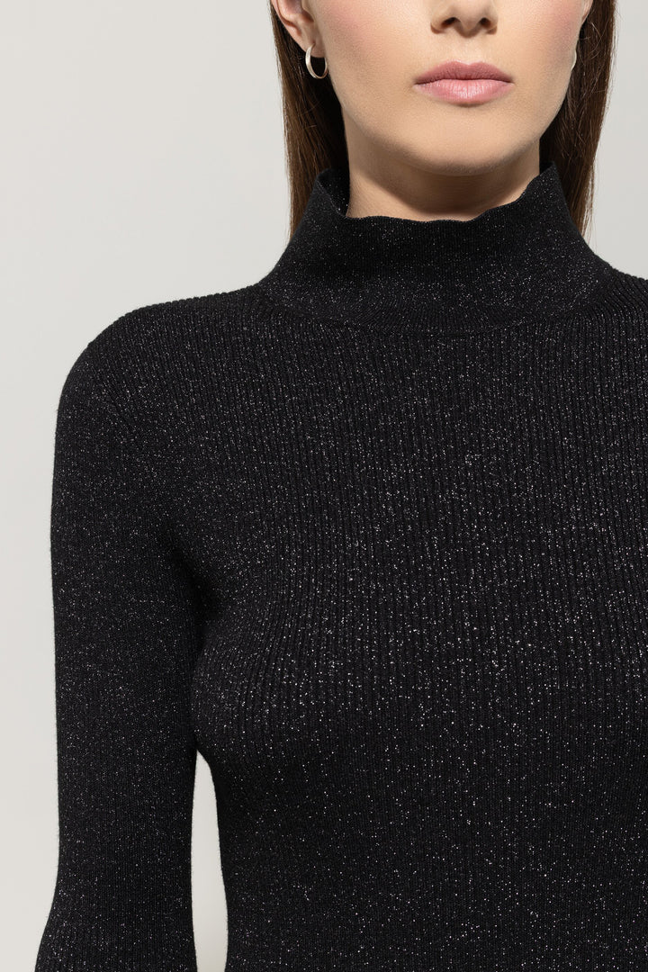 Luisa Cerano 128725 5933 Silver Sparkle Black Slim Fit Turtleneck Sweater