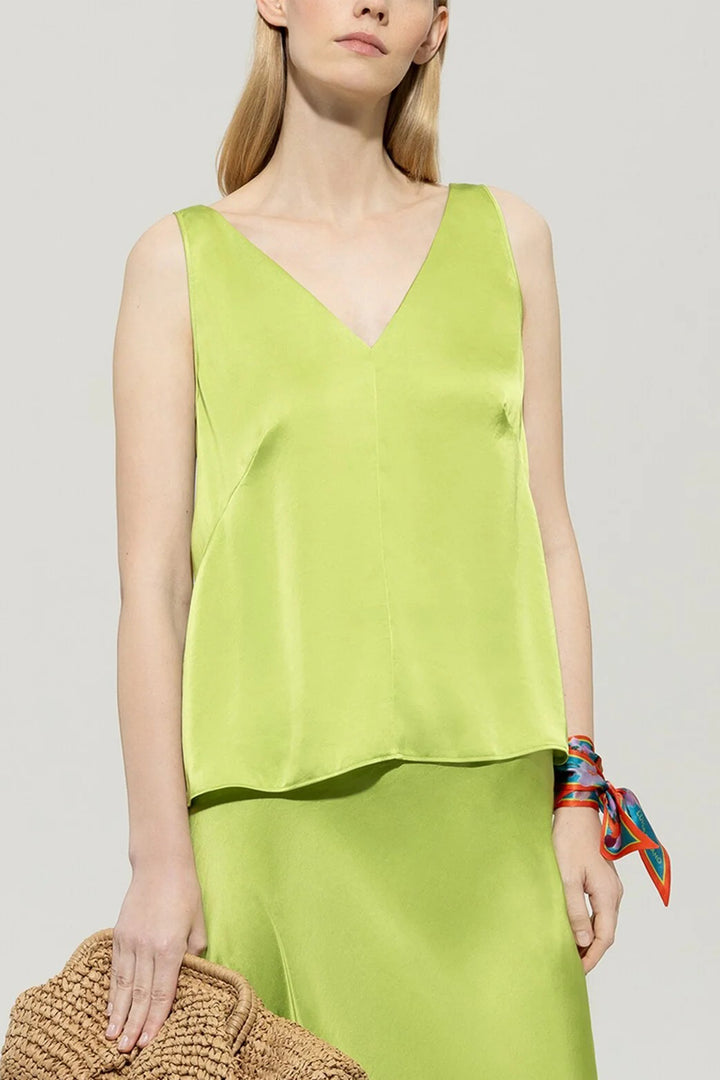 Luisa Cerano 318252 2307 Pea Green Silk Sleeveless V-Neck Top