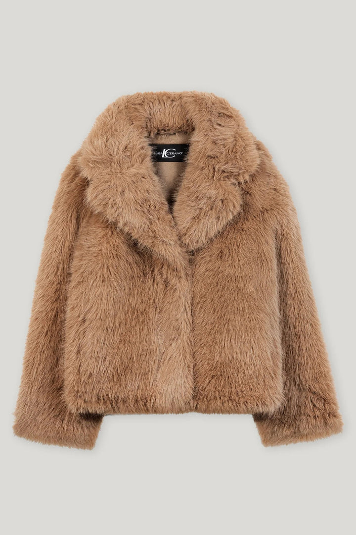 Brown faux fur jacket on a light gray background