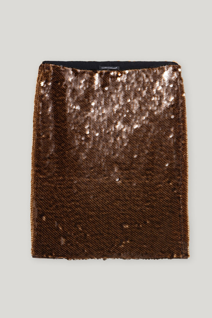 Brown sequined fabric sample on a light gray background