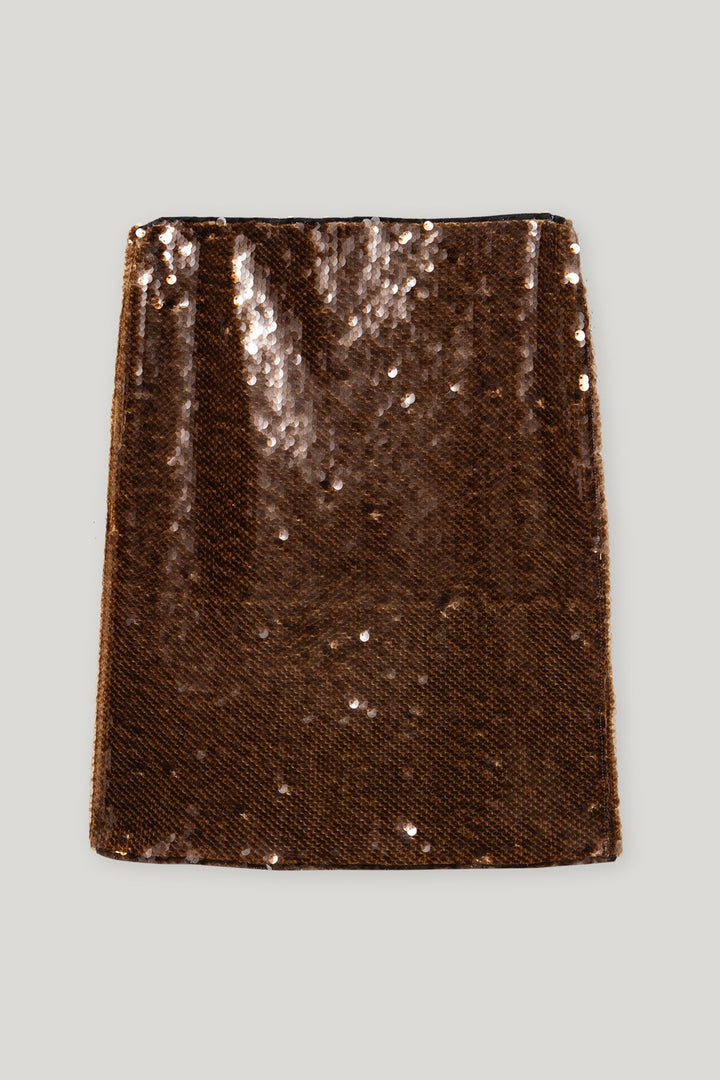 Brown sequined clutch bag on a light gray background