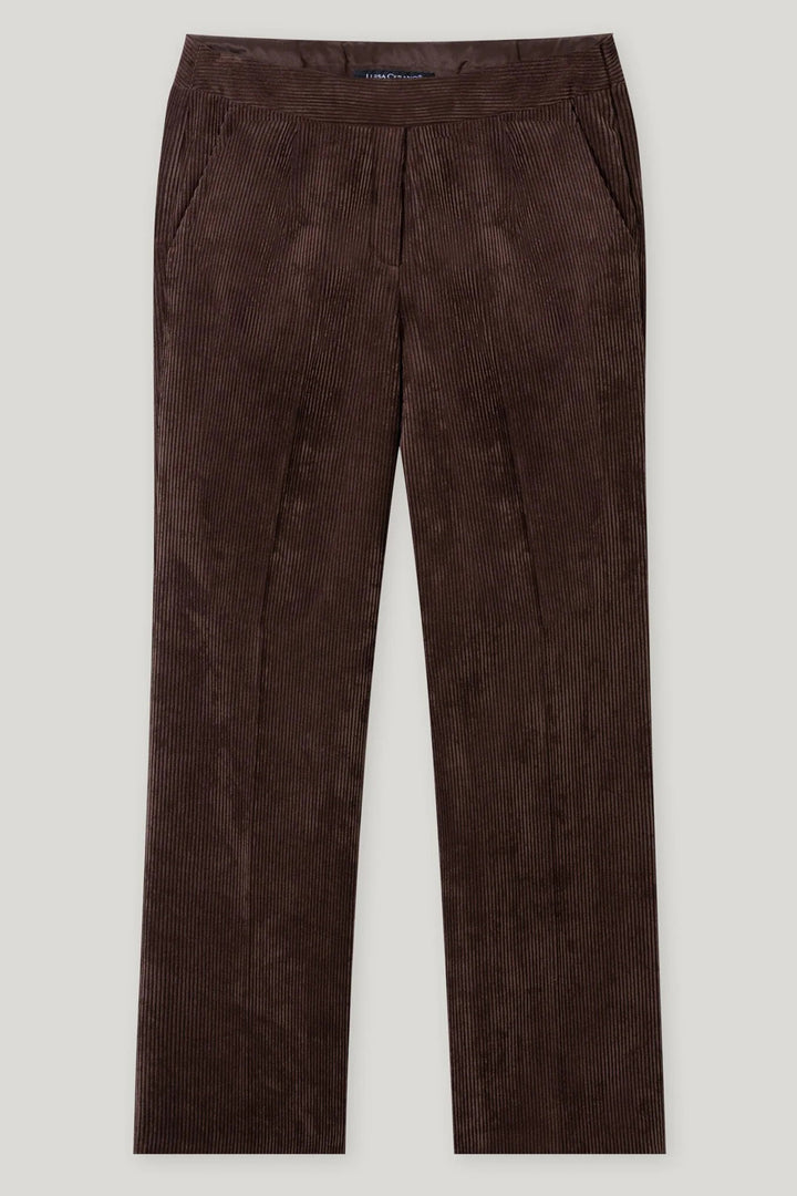 Brown corduroy pants on a white background