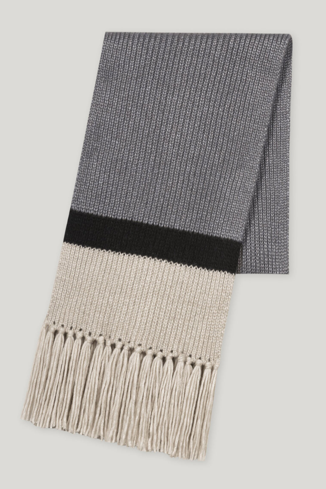 Gray and beige scarf with black band on a light gray background